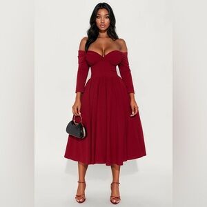 Wine Off Shoulder Midi Dress Elegant Fit & Flare Party